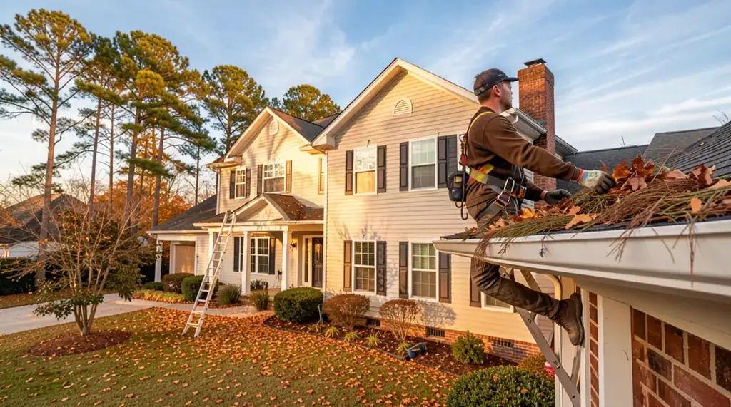 Gutter cleaning crew clearing leaves and pine needles from a Sumter SC home
