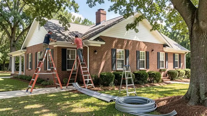 New seamless gutters being installed on a Bamberg SC home