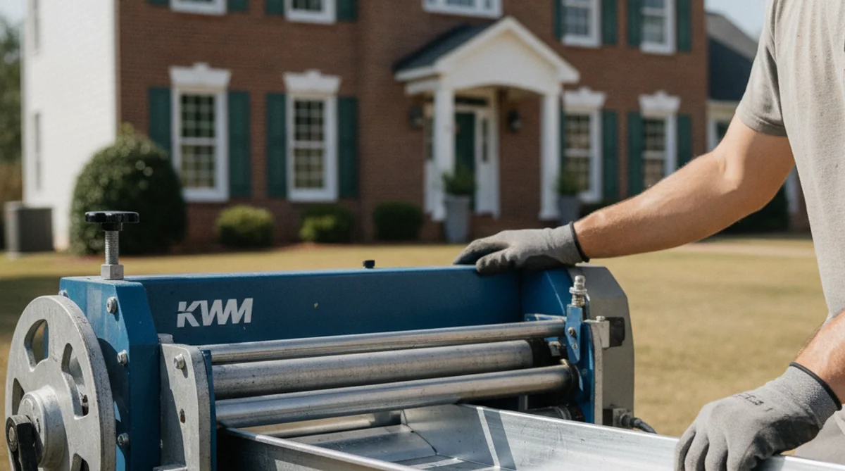 KWM seamless gutter machine fabricating gutters on-site in Orangeburg SC