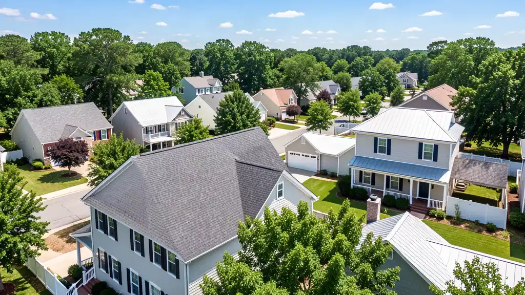 Residential neighborhood in Orangeburg SC showing typical roof types and lifespans