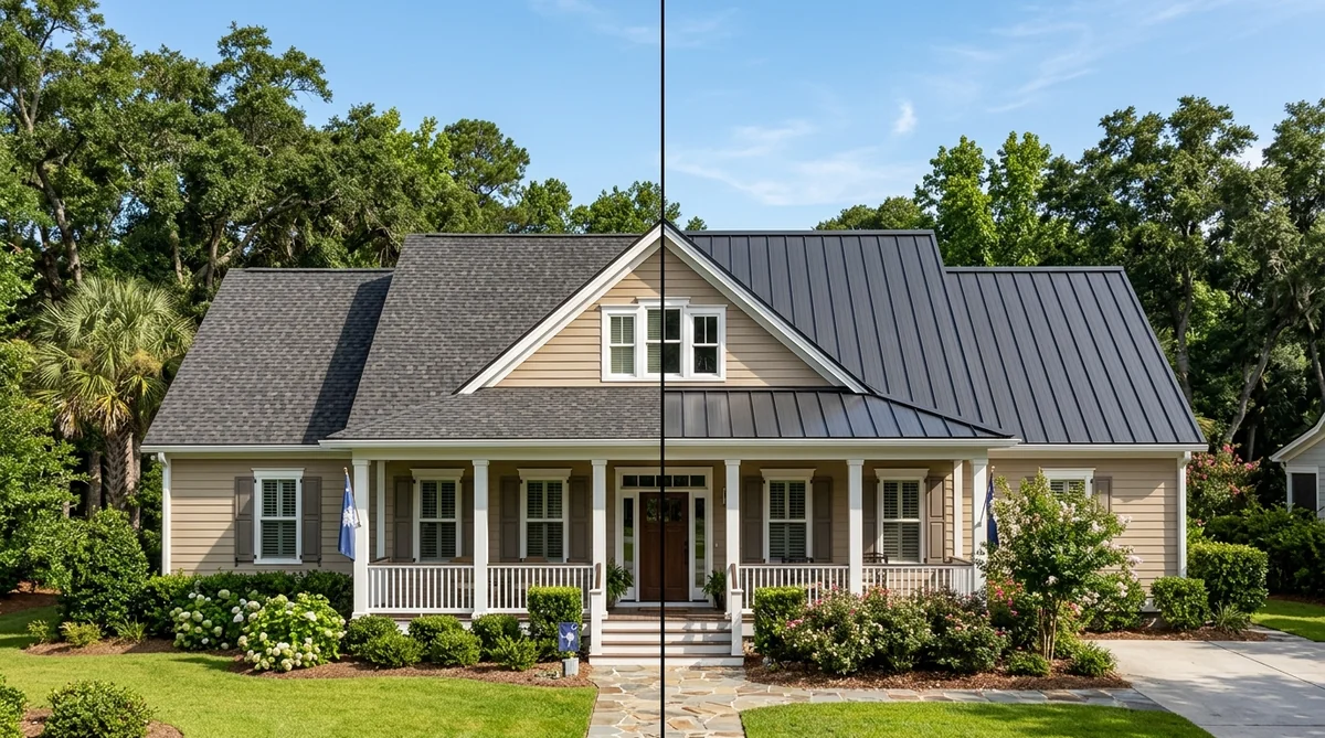 Metal roof and shingle roof comparison on South Carolina home