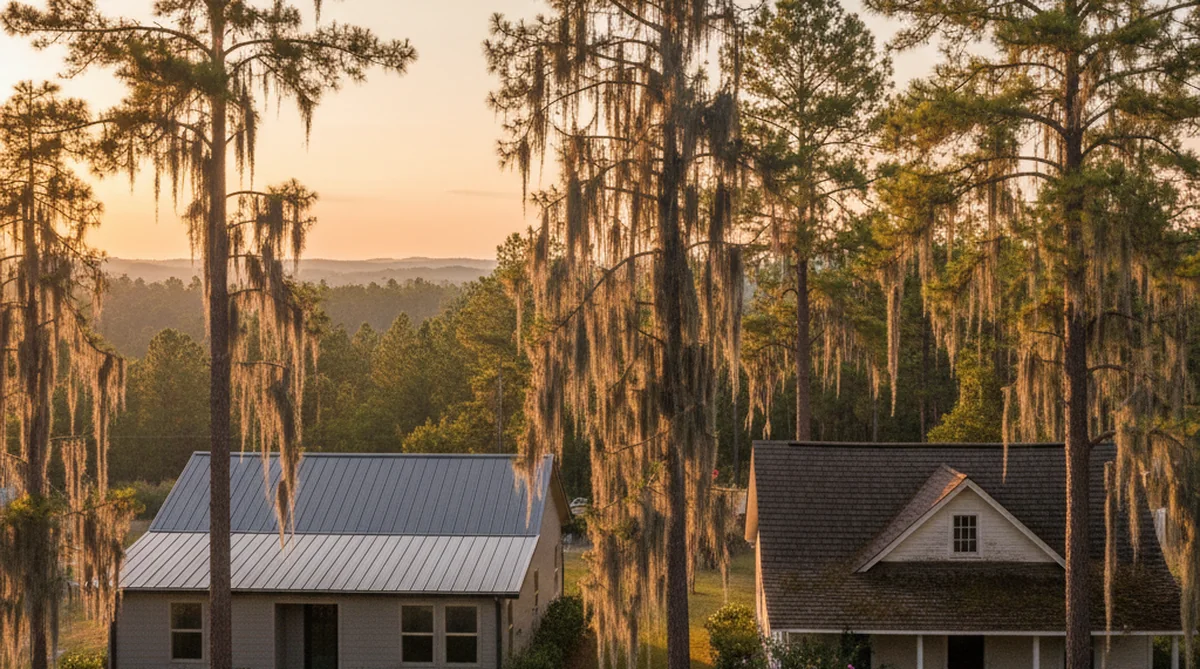 Metal roof and asphalt shingle roof side by side on South Carolina homes