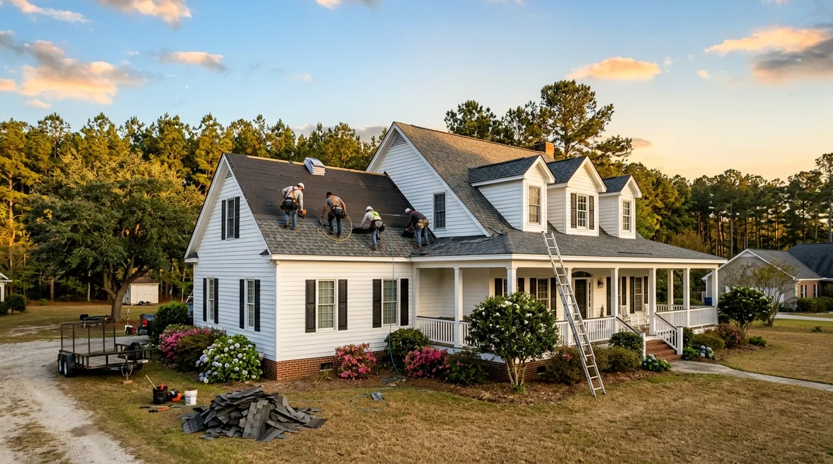 Dubya Roofing crew installing new architectural shingles in Bamberg SC